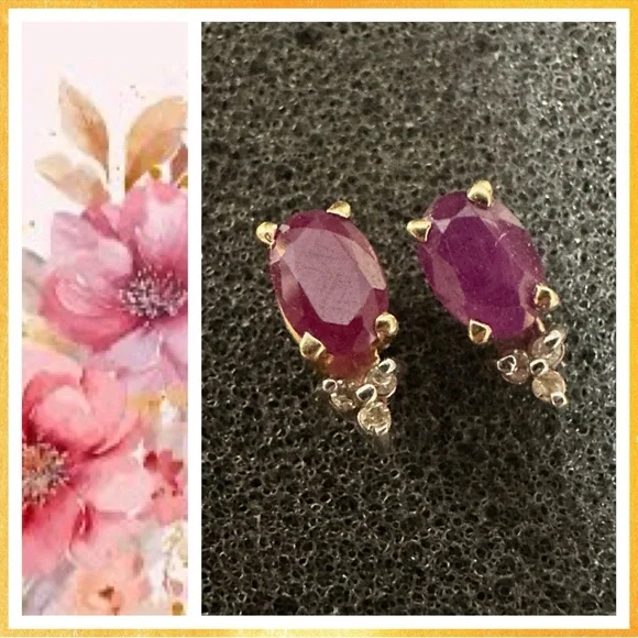 Small Light Red Oval Faceted Synthetic Ruby Post Earrings. Gold Tone. - Picture 1 of 1